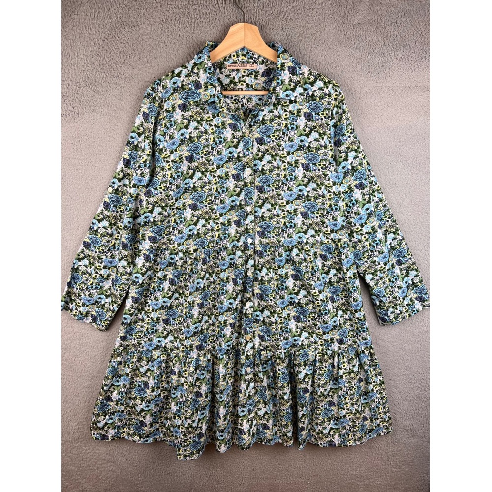 Dress Addict Blue Green Floral Tiered Button Front Cotton Shirt Dress Womens L